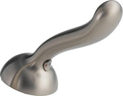 Curved metal lever handle with dome base in brushed stainless steel finish.