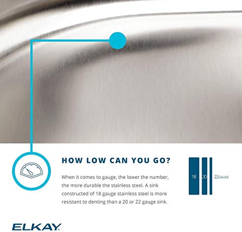 Stainless steel single bowl sink with curved edges and gauge thickness comparison diagram below.