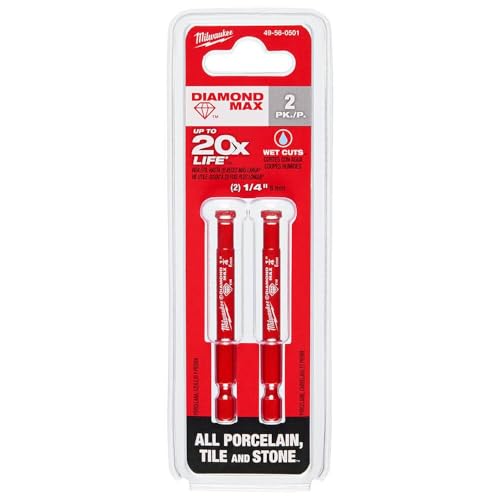 Two Milwaukee Diamond MAX 1/4-inch diamond grit hole saws in red and white packaging with diamond coating.