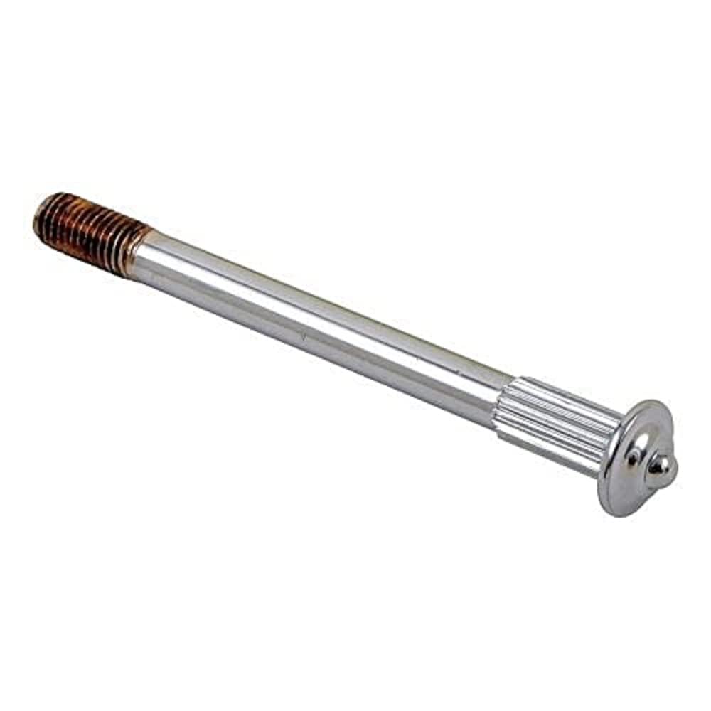 Chrome spindle with brown threaded handle end and circular mounting plate.