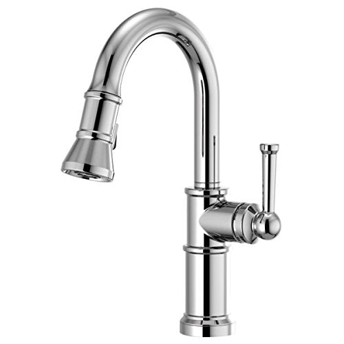 Chrome pull-down kitchen faucet with high curved spout and single lever handle.