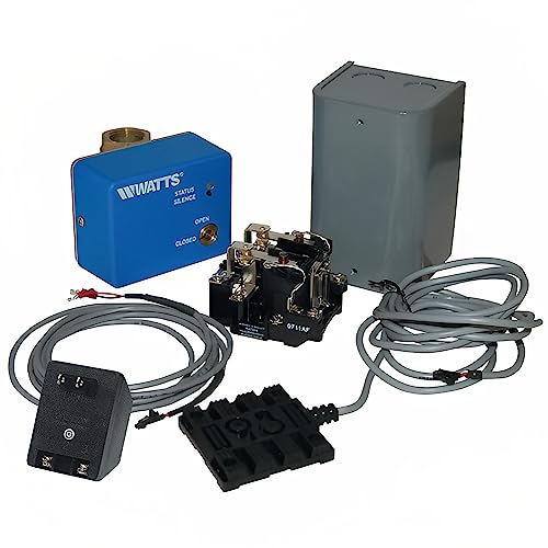 Watts water detector shutoff system with blue sensor unit, gray control box, black relay module, and electrical cords.
