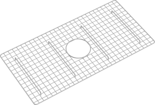 Stainless steel wire grid sink protector with circular drain opening for kitchen sink basin.
