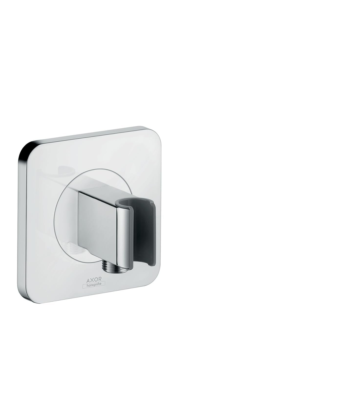 Chrome square handshower holder with rounded corners and adjustable bracket mount on white background.