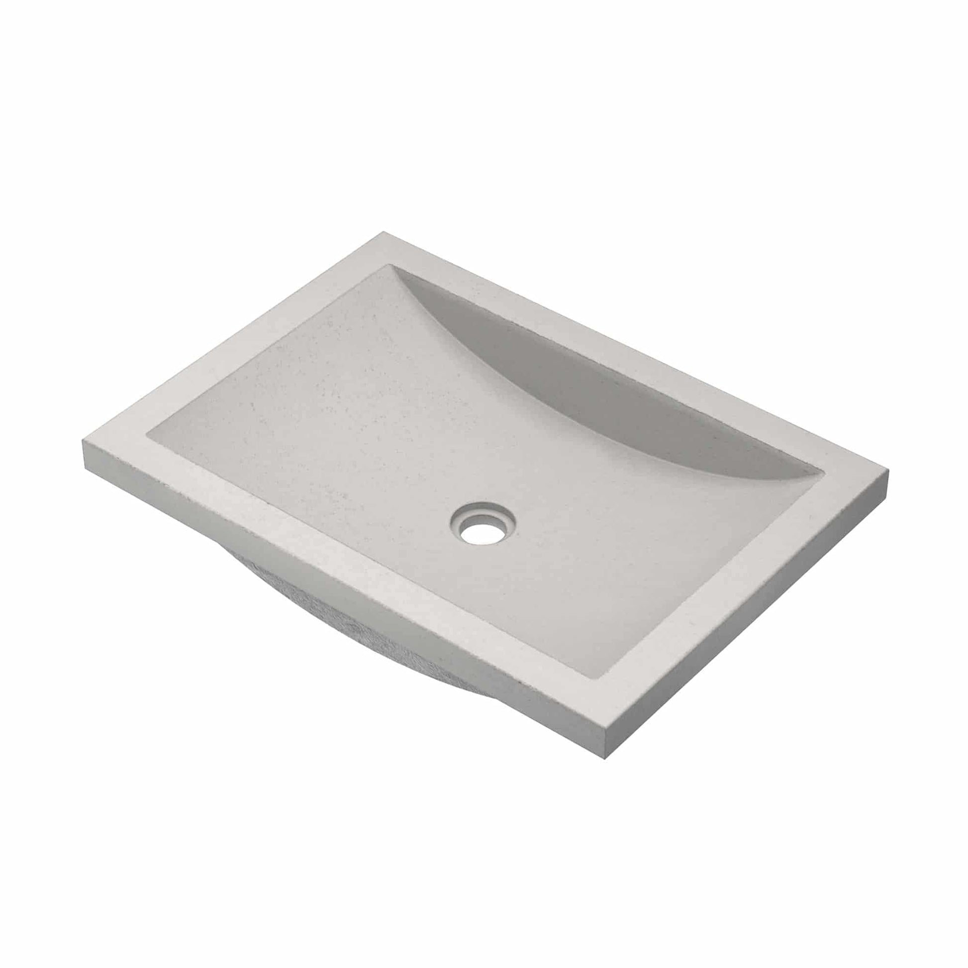 Rectangular ash-colored bathroom sink with curved basin and single drain hole, shown from above at an angle.