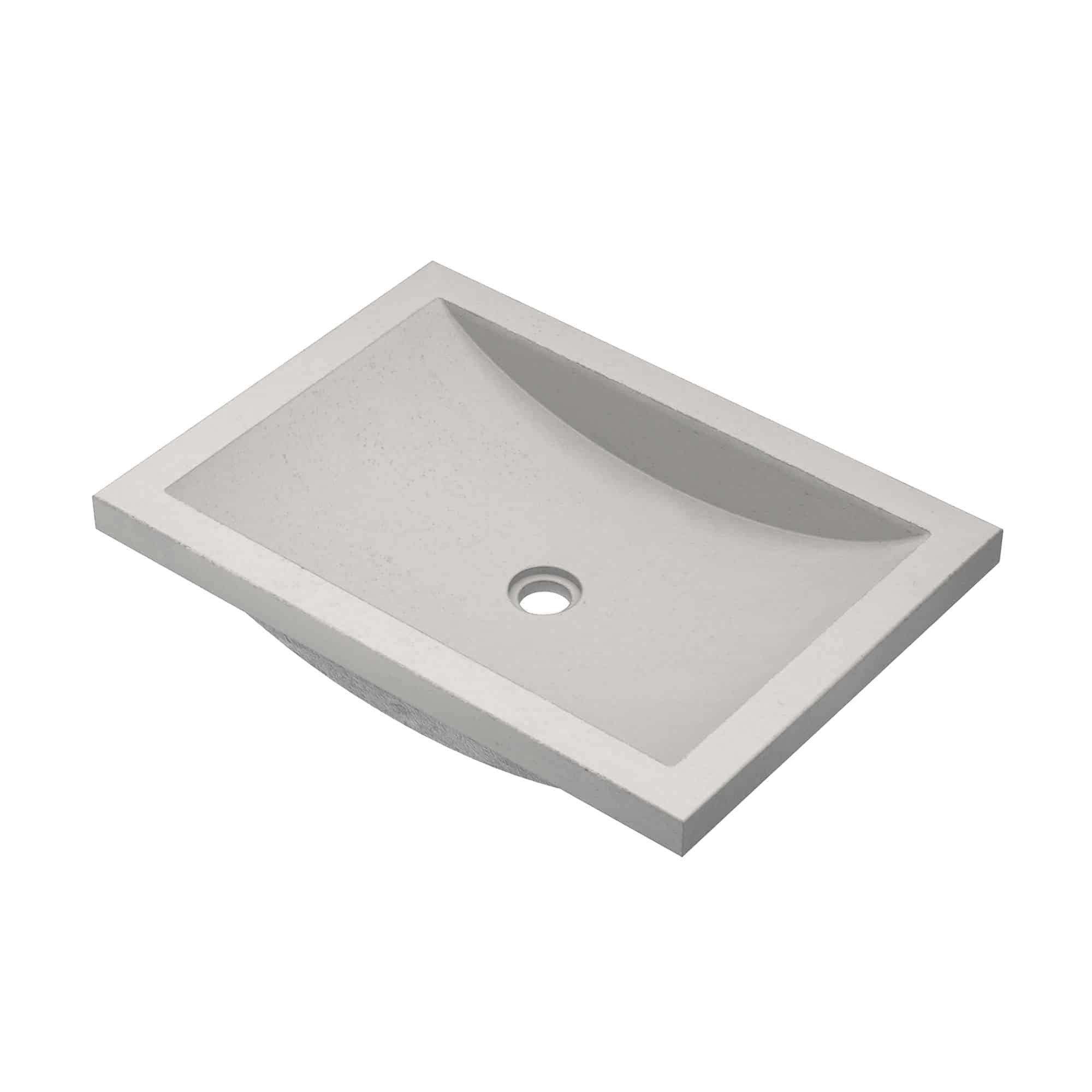 Rectangular ash-colored bathroom sink with curved basin and single drain hole, shown from above at an angle.