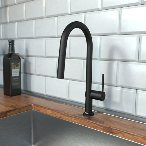 Matte black high-arc kitchen faucet with pull-down spray head and single lever handle mounted on countertop.
