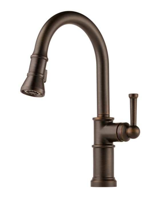 Bronze single-handle pull-down kitchen faucet with curved spout and side lever handle.
