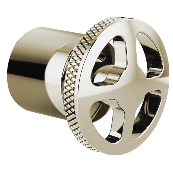 Polished nickel diverter trim wheel handle with textured center band and cylindrical mounting sleeve.