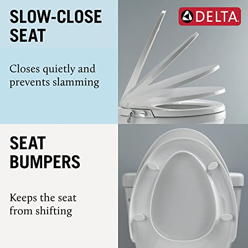 White elongated bidet seat with slow-close lid shown open and closed, featuring seat bumpers.