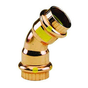Copper 45-degree elbow fitting with press connections and yellow grip rings on white background.