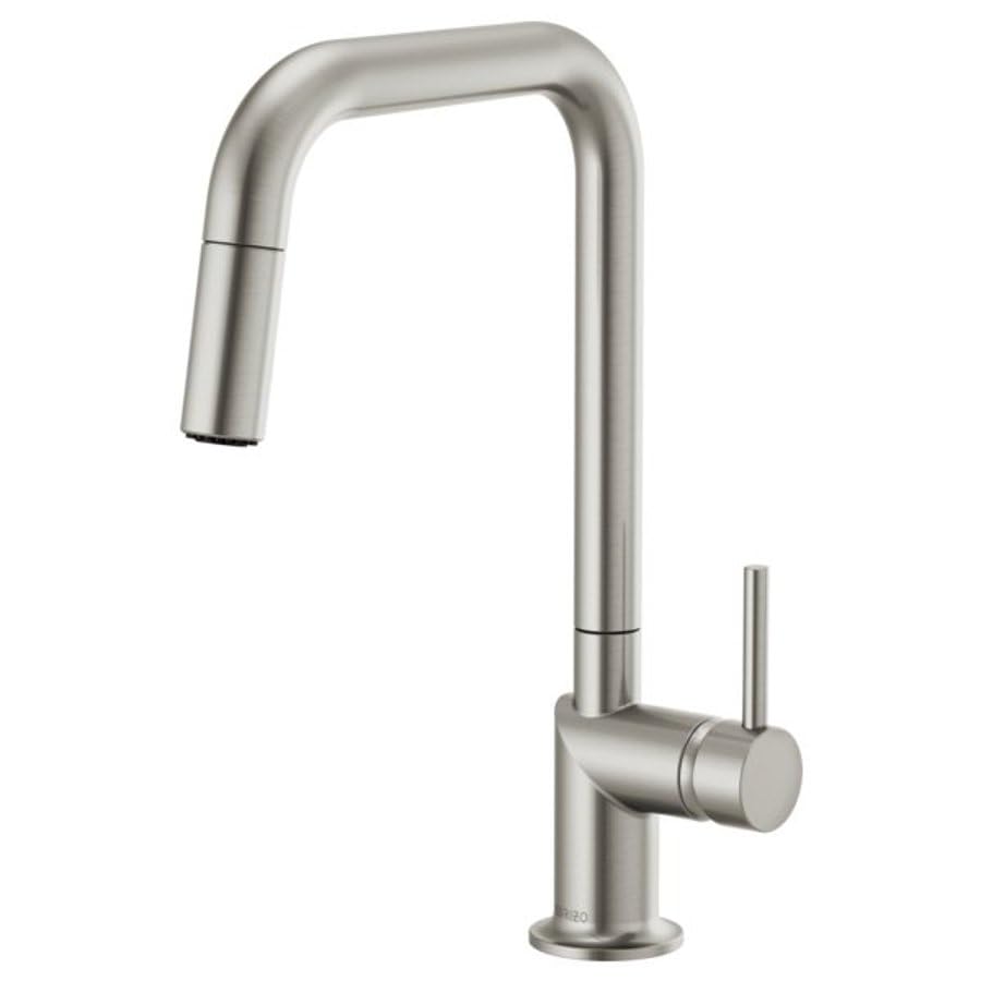 Stainless steel pull-down faucet with square spout and single lever handle.