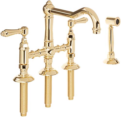 Polished brass bridge kitchen faucet with dual handles, curved spout, and matching side spray attachment.