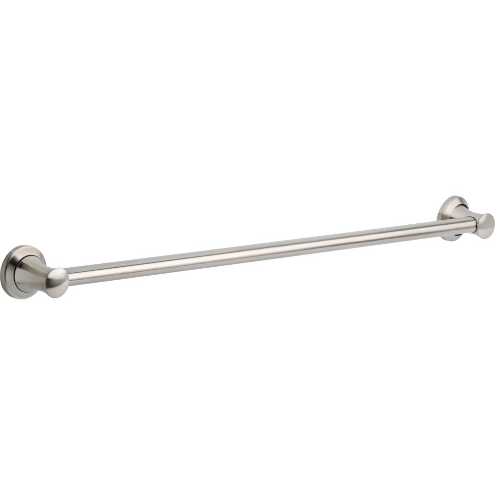 Brushed nickel straight grab bar with round mounting flanges on each end.