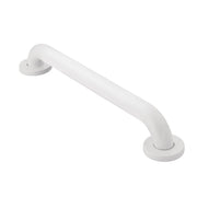 White concealed grab bar with round mounting flanges on each end and curved grip surface.