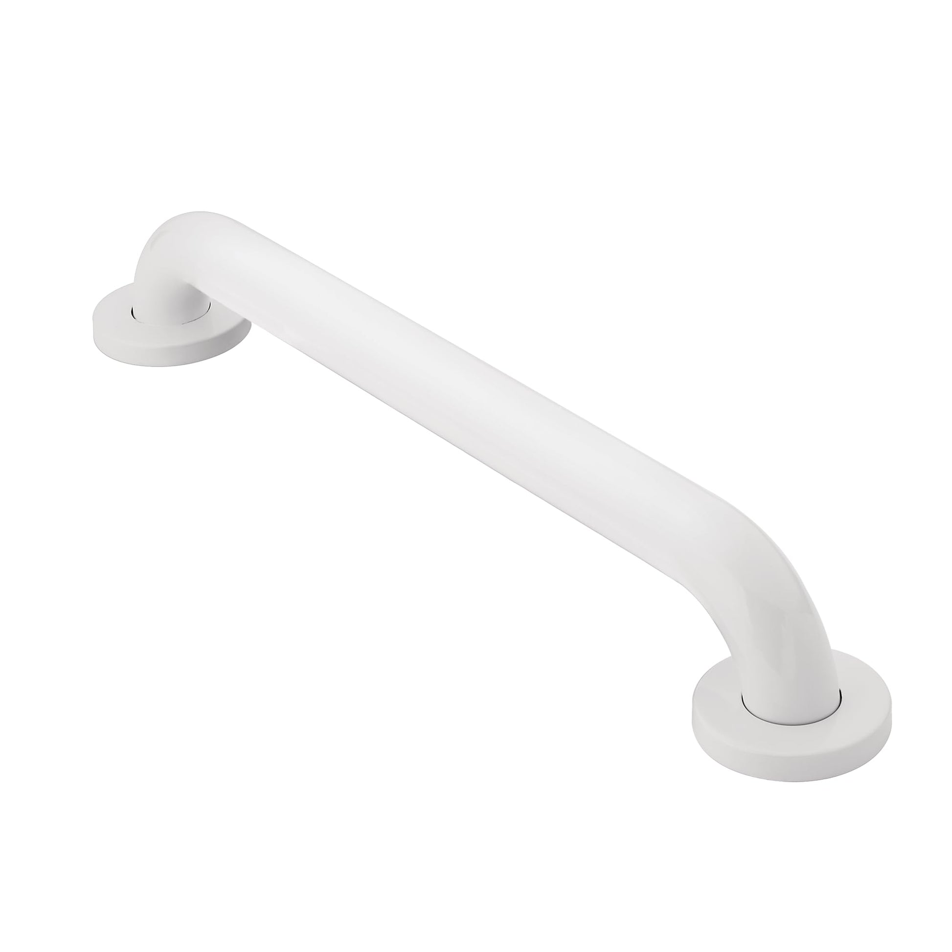White concealed grab bar with round mounting flanges on each end and curved grip surface.