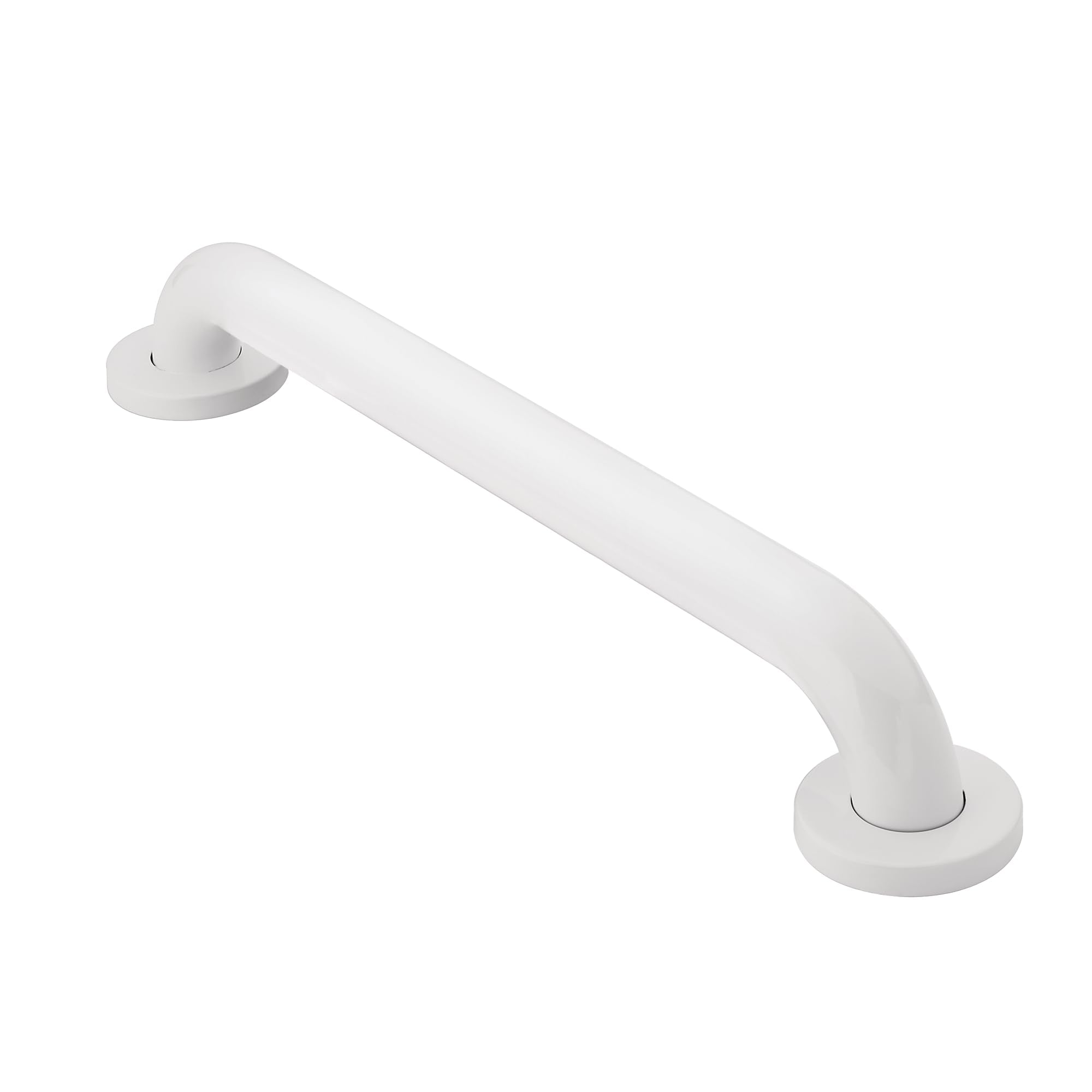 White concealed grab bar with round mounting flanges on each end and curved grip surface.