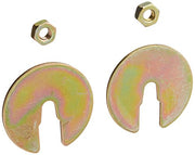 Zinc-plated horseshoe-shaped washers and brass hex nuts in various sizes.
