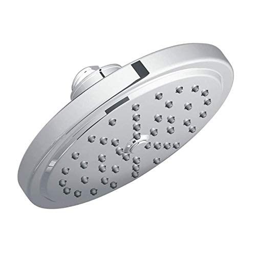 Round brushed gold shower head with multiple spray jets and adjustable arm connector.