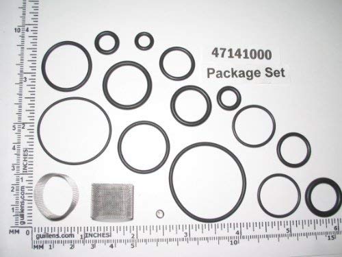 Grohe 47141000 seal kit with various rubber o-rings and metal mesh component on measurement scale.