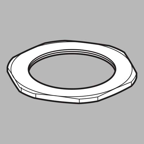 White and black plastic escutcheon ring with oval opening and mounting slots on underside.