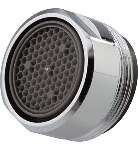 Stainless steel faucet aerator with threaded base and circular mesh screen insert.