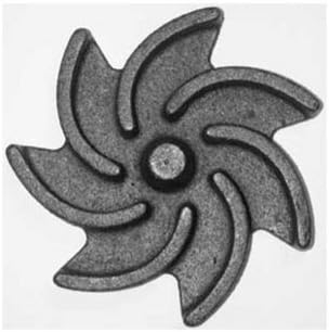 Gray metal impeller with six curved blades arranged around a central hub.