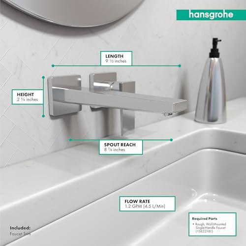 Chrome wall-mounted faucet with lever handle and measurement callouts showing 9-inch length, 2.6-inch height, and 5.5-inch sp