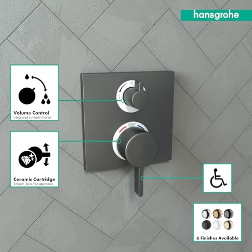 Brushed black chrome square thermostatic shower trim with two circular control handles and diverter on tile wall.