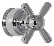 Chrome-finished metal cross handle faucet valve trim kit with cylindrical handles and decorative escutcheon.