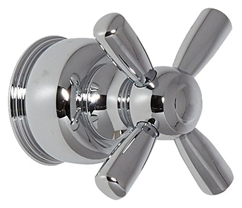 Chrome-finished metal cross handle faucet valve trim kit with cylindrical handles and decorative escutcheon.