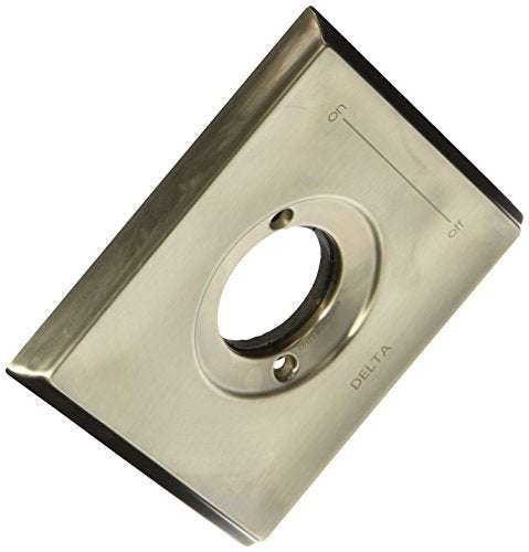 Stainless steel rectangular escutcheon plate with central circular opening and Delta branding.