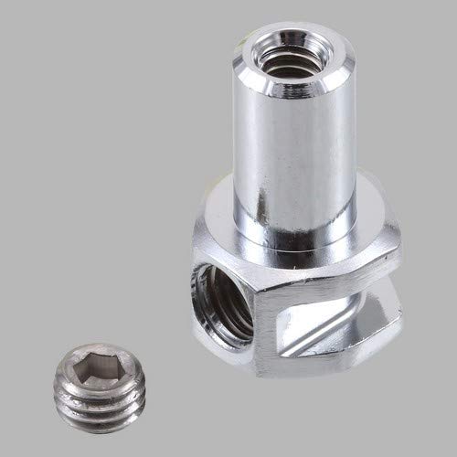 Chrome-plated metal adapter with threaded top and angled outlet, paired with small chrome screw.