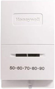 White Honeywell vertical thermostat with temperature dial showing 50-90 degrees and black adjustment slider.