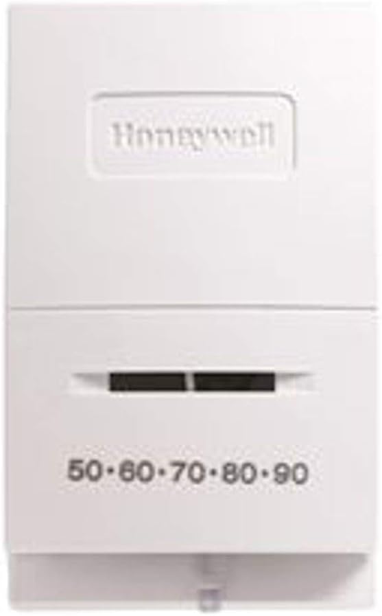 White Honeywell vertical thermostat with temperature dial showing 50-90 degrees and black adjustment slider.