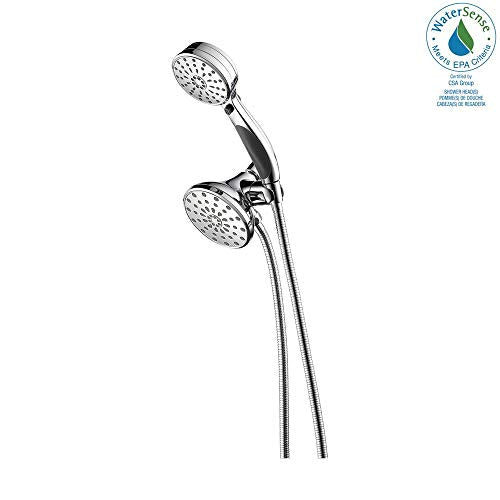 Chrome shower head combo with dual round spray heads on adjustable arm and hose.