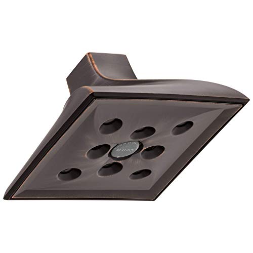 Oil-rubbed bronze raincan shower head with nine spray nozzles and matching arm connector.