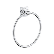 Chrome towel ring with square mounting plate and circular ring for hanging towels.