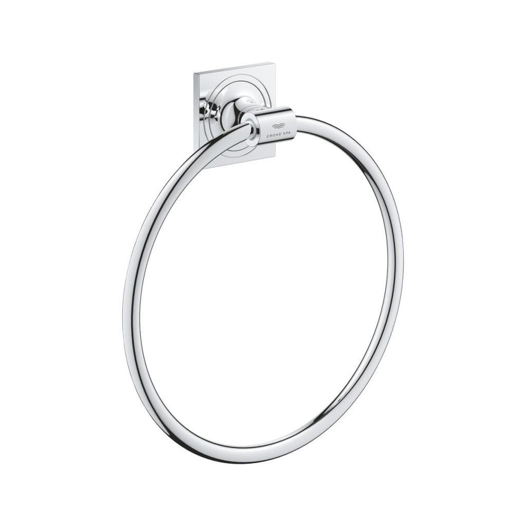 Chrome towel ring with square mounting plate and circular ring for hanging towels.