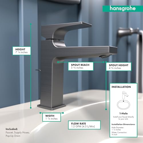 Brushed black chrome single-hole bathroom faucet with lever handle, curved spout, and pop-up drain with dimensions labeled.