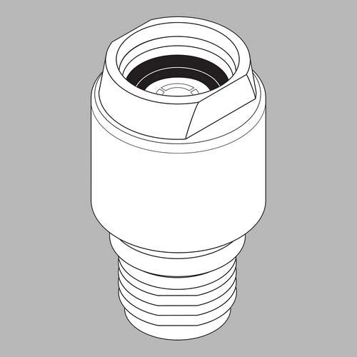 Chrome vacuum breaker fitting with threaded male connection and internal chamber opening.