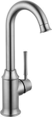 Steel optic bar faucet with high curved spout, single lever handle, and pull-down spray head.