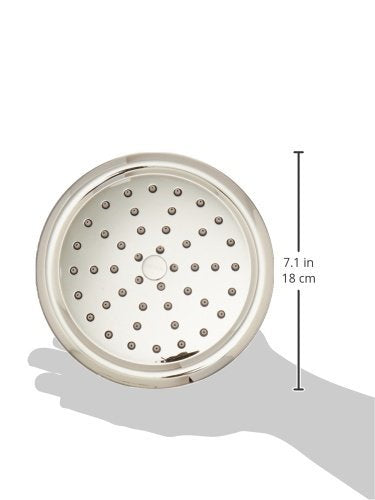 Polished nickel circular rainshower showerhead with multiple spray jets, 7.1 inches diameter.