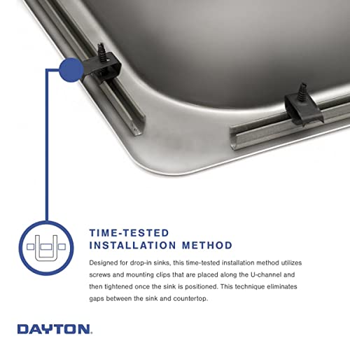 Stainless steel double bowl drop-in sink with mounting clips and installation diagram showing time-tested mounting method.