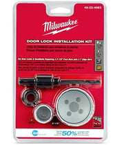 Milwaukee HOLE DOZER door lock installation kit with saw bits and drilling guide on red packaging.