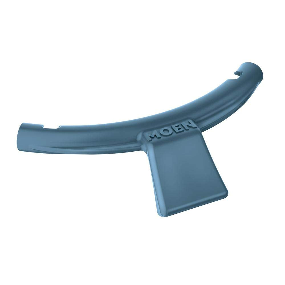 Blue Moen garbage disposal baffle with curved upper arm and rectangular lower section.
