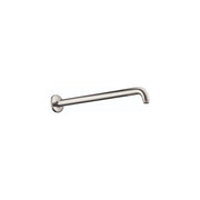 Polished nickel shower arm with curved spout and wall-mounted circular flange connector.