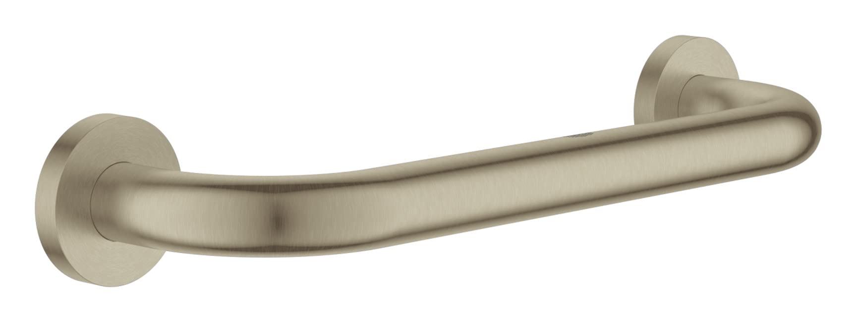 Brushed nickel grab bar with curved handle and circular wall-mounted flanges on each end.