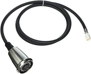 Stainless steel pull-down spray head with black braided hose and connector fitting.