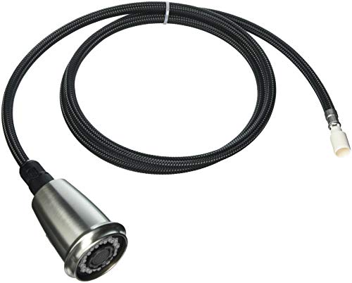 Stainless steel pull-down spray head with black braided hose and connector fitting.